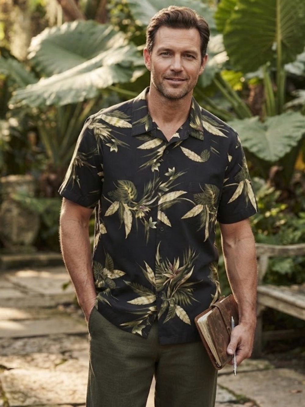 Covington | Black  and Green Leaf Print Men's Hawaiian Shirt | Size XL